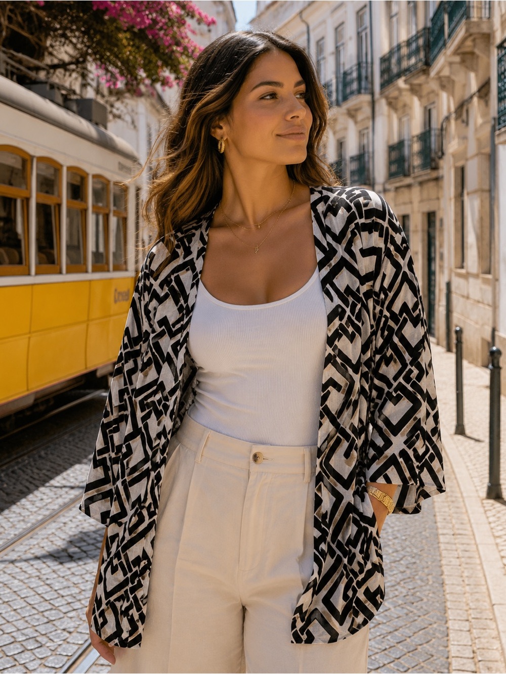 💜Chico's Black and White Geometric Cardigan